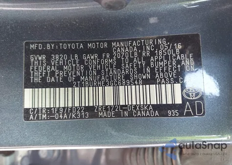 2016 Toyota Corolla S Plus z USA, uszkodzony, nr VIN 2T1BURHE3GC689548
